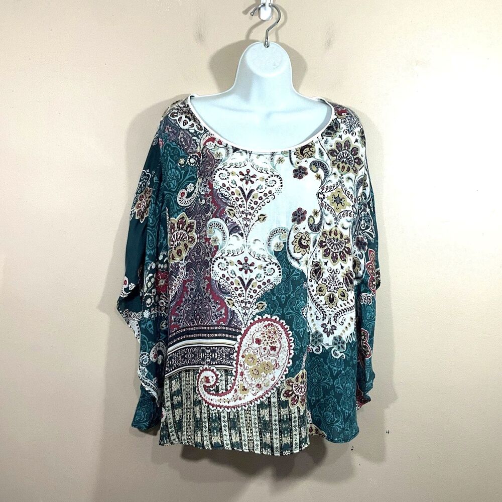 Chicos Womens Moroccan Dreams Paisley Poncho Top S/M Green Boho Coastal Hippie
